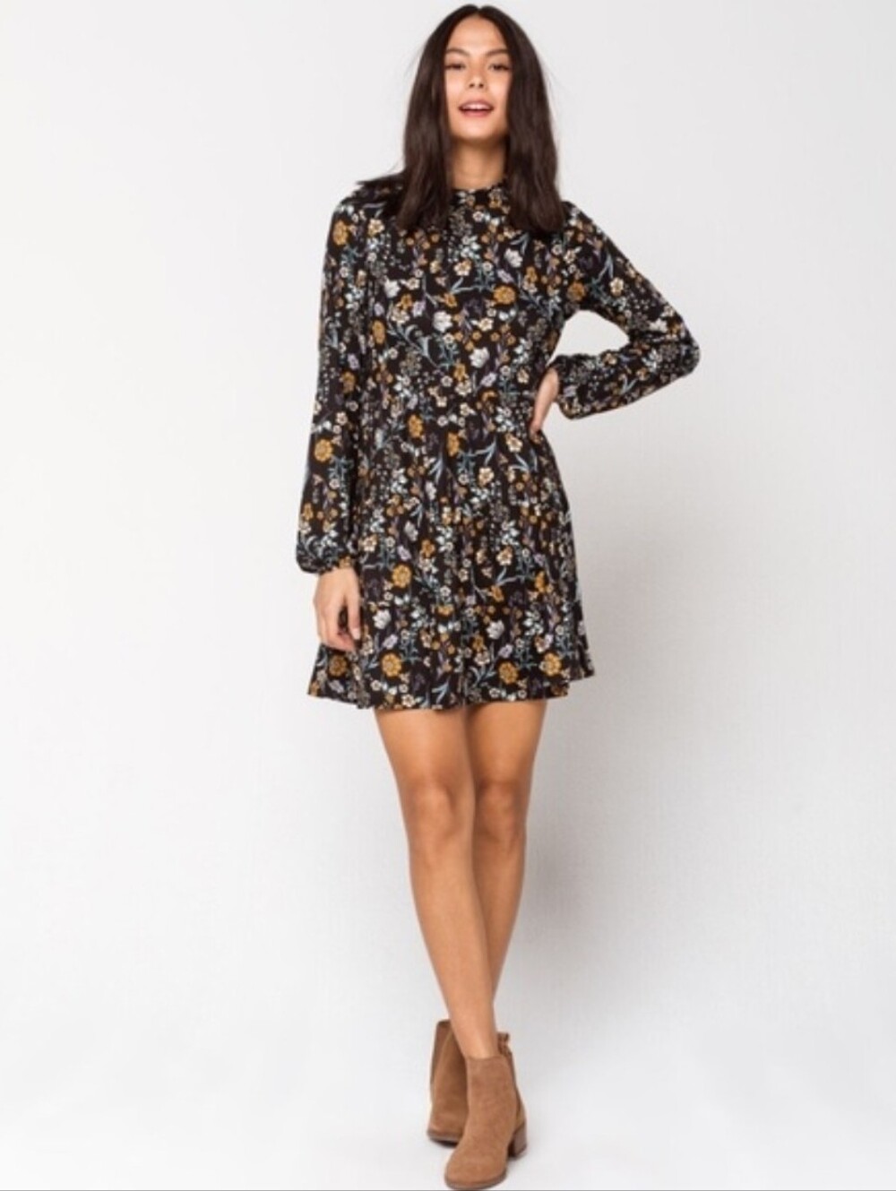 Fall Floral Long-Sleeve Mini Dress Good Luck Gem BRAND